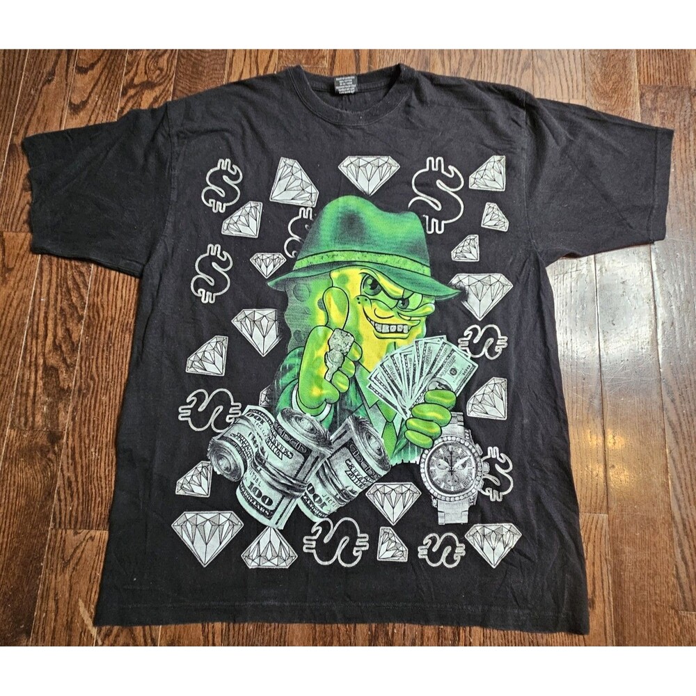 Vintage Y2K Gangster SpongeBob Shirt Size XL Thug Bob Bling Rap Tee Rhinestone